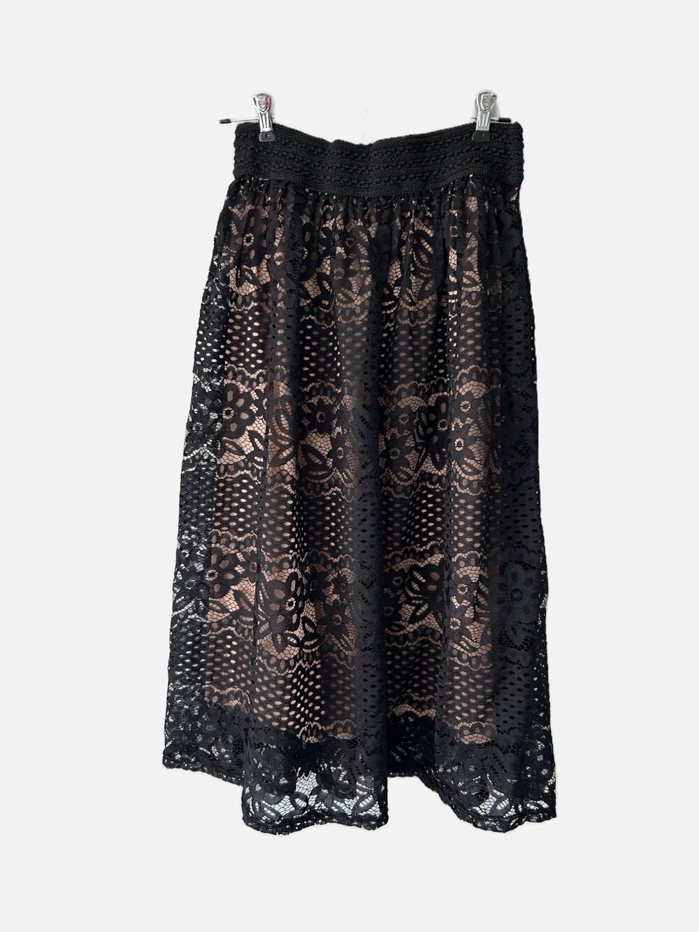 Metrowear Black Floral Lace Lined Midi Skirt Large